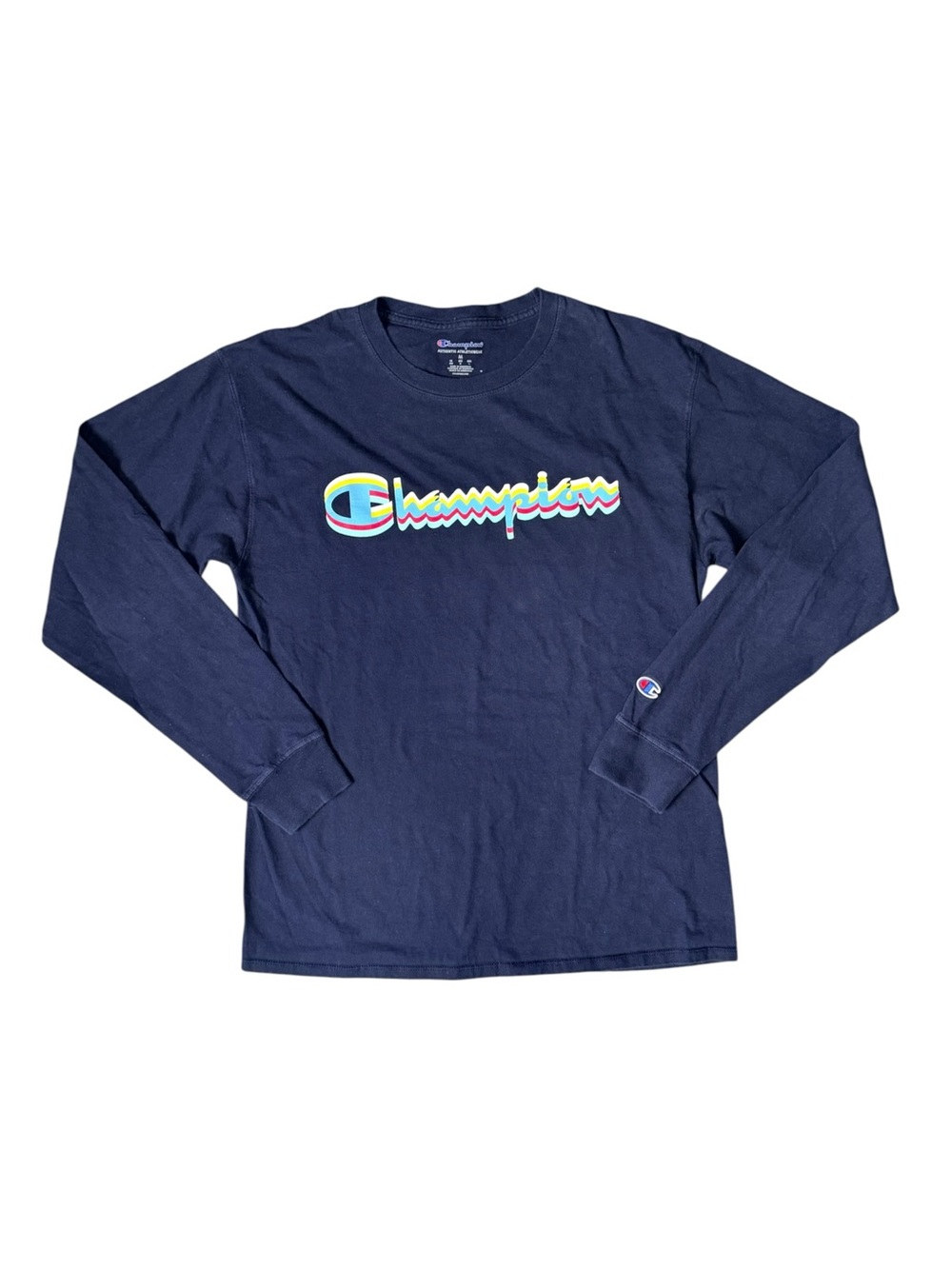 Champion Navy Retro Multicolor Logo Long Sleeve T-Shirt Men’s Medium - Picture 2 of 9